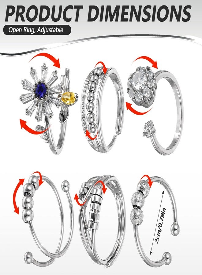 Yuanchu Anti Anxiety Fidget Ring for Women, 6 Pcs Open Adjustable Fidget Rings Anti Anxiety Ring Flower Bee Bead Rings Cute Relief Items Gift - Image 2